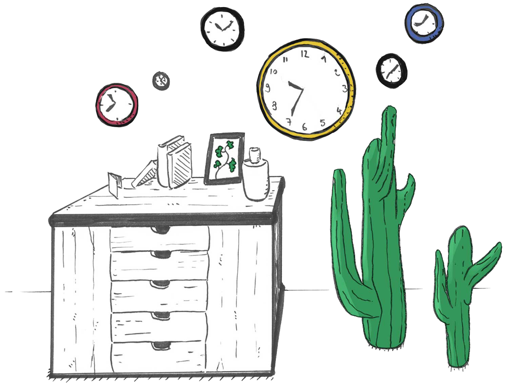 Bureau avec horloges murales et cactus