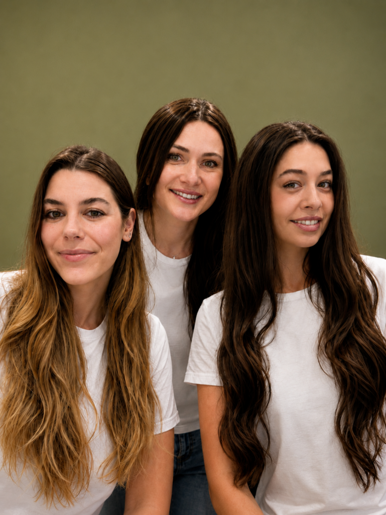 Trois femmes souriantes aux longs cheveux bruns