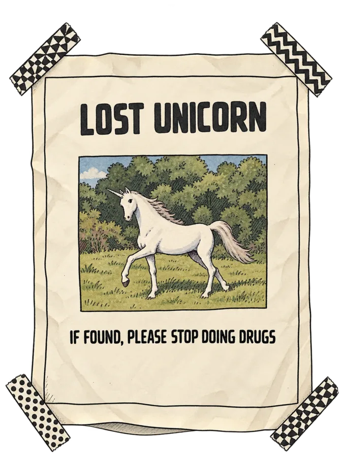 Affiche humoristique de licorne perdue dans une forêt