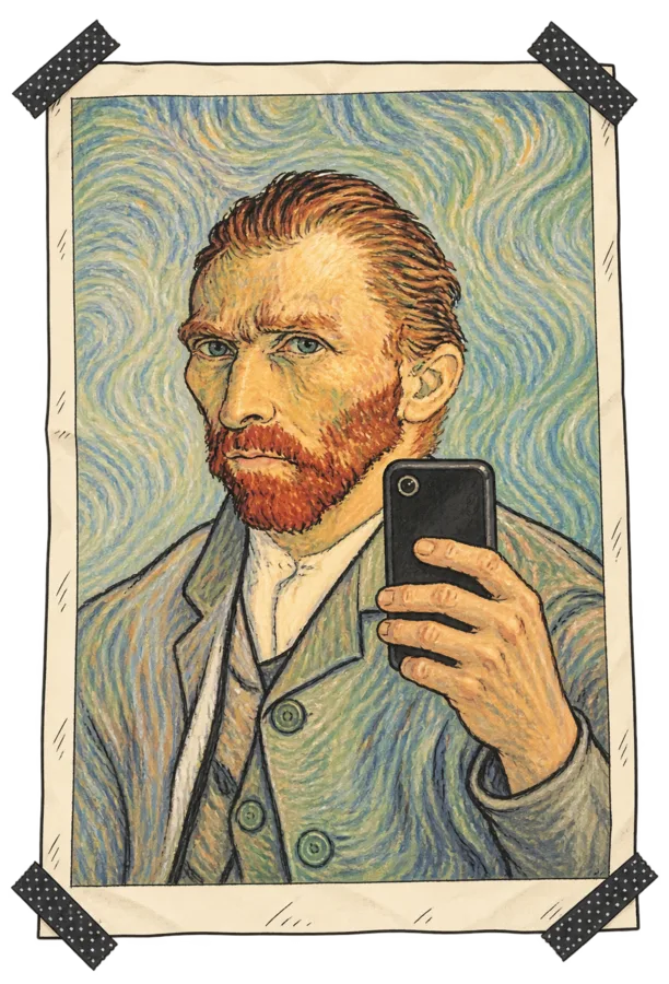 Autoportrait de Van Gogh tenant un smartphone