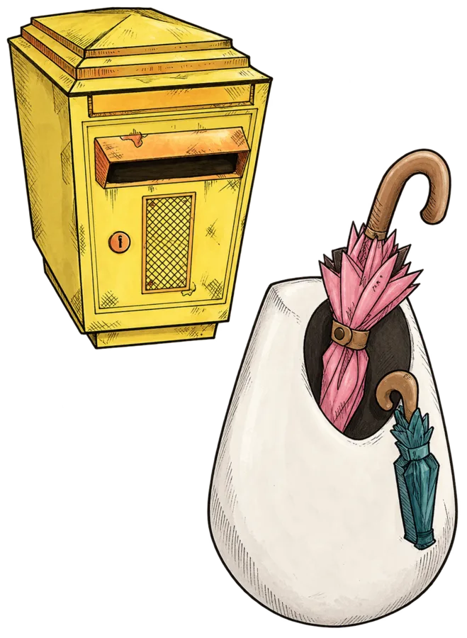 Boîte aux lettres jaune et porte-parapluies illustré