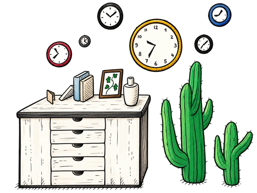 Commode décorée, cactus et horloges murales illustrées