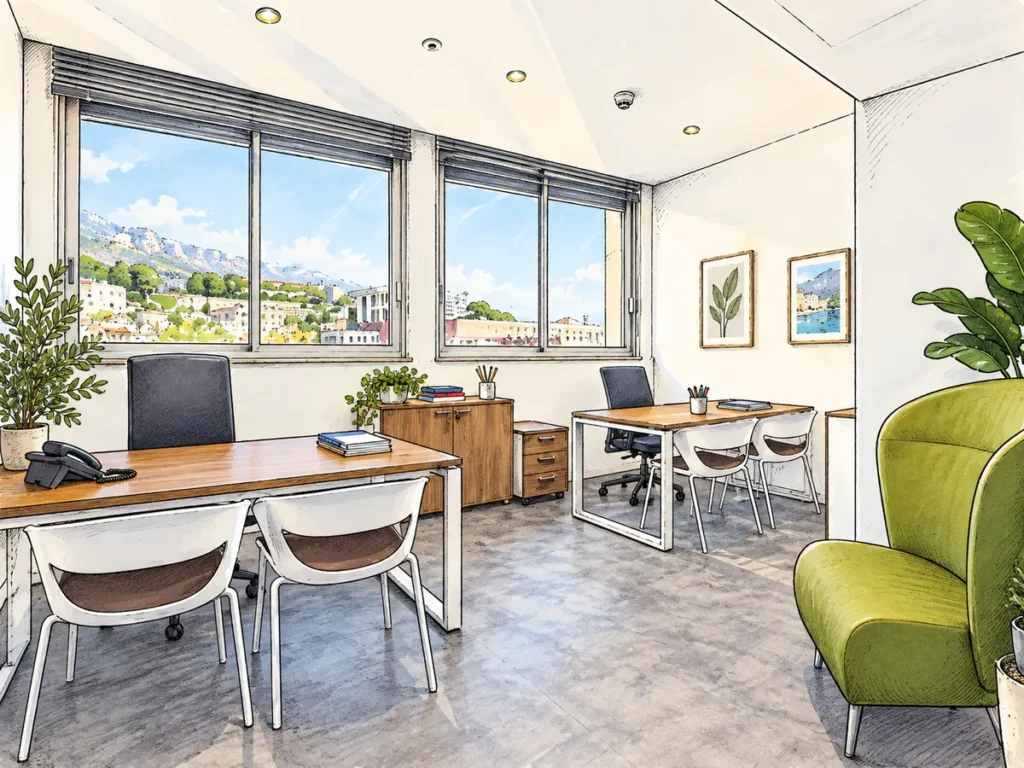 Bureau lumineux avec vue panoramique sur la ville