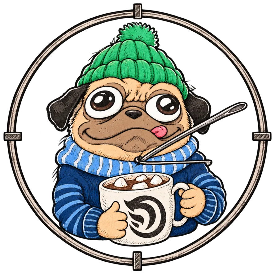 Carlin en bonnet vert tenant un chocolat chaud