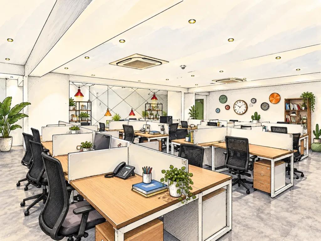 Bureau open space moderne avec postes de travail végétalisés