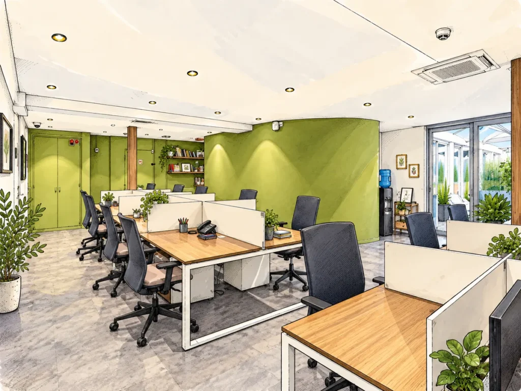 Espace de coworking lumineux avec bureaux en bois et plantes