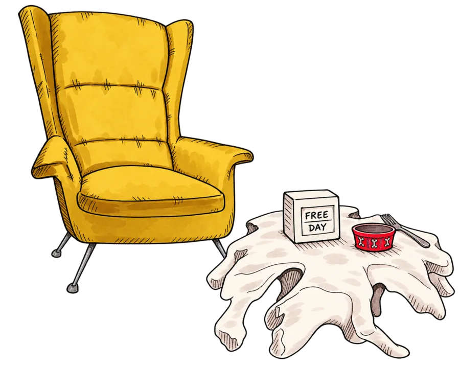 Fauteuil jaune et table basse avec tasse et calendrier