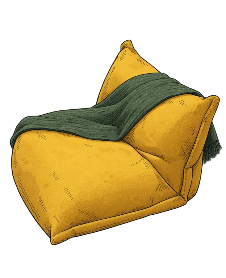 Fauteuil jaune avec plaid vert foncé