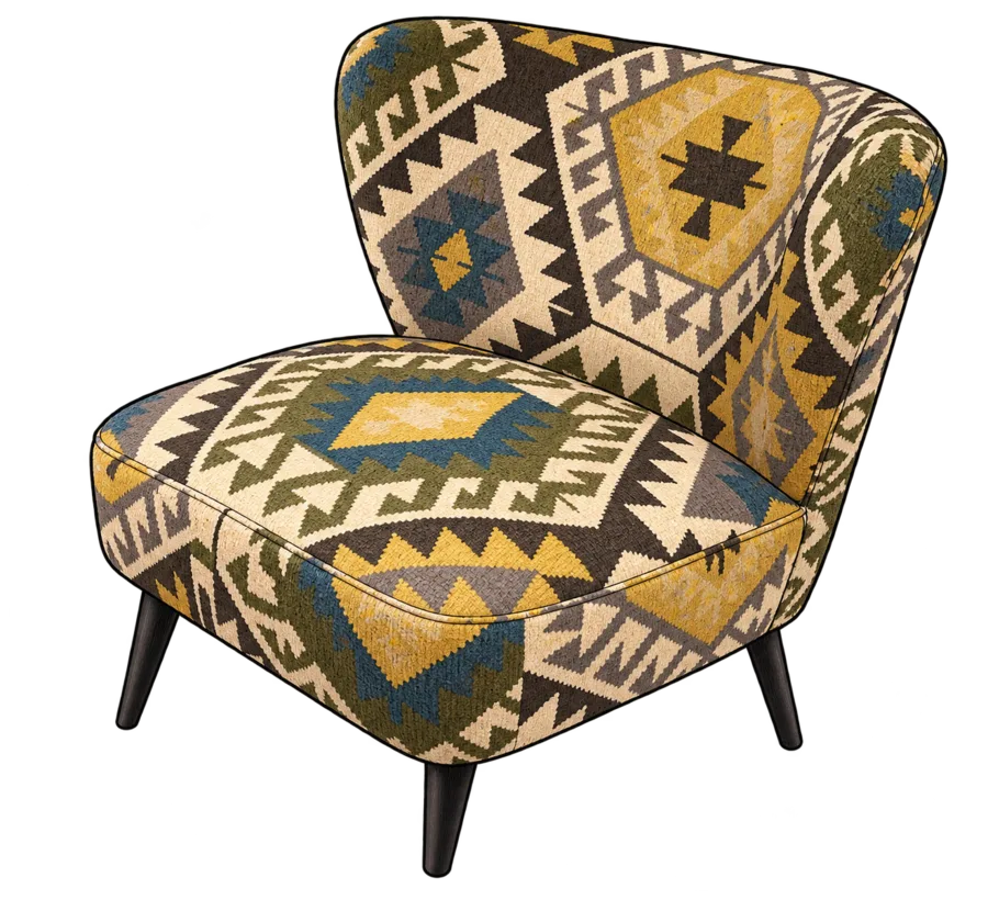 Fauteuil vintage à motifs géométriques multicolores