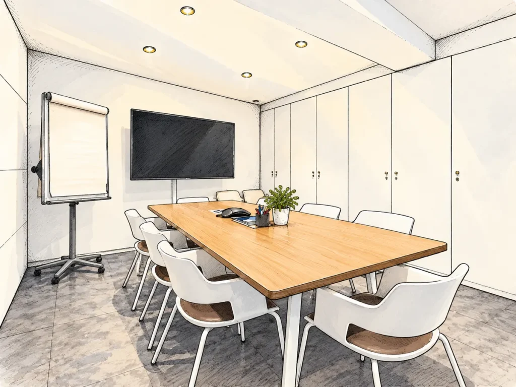 Salle de réunion moderne avec table en bois et écran