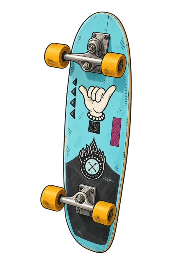 Skateboard turquoise à roues jaunes, décoré de motifs graphiques